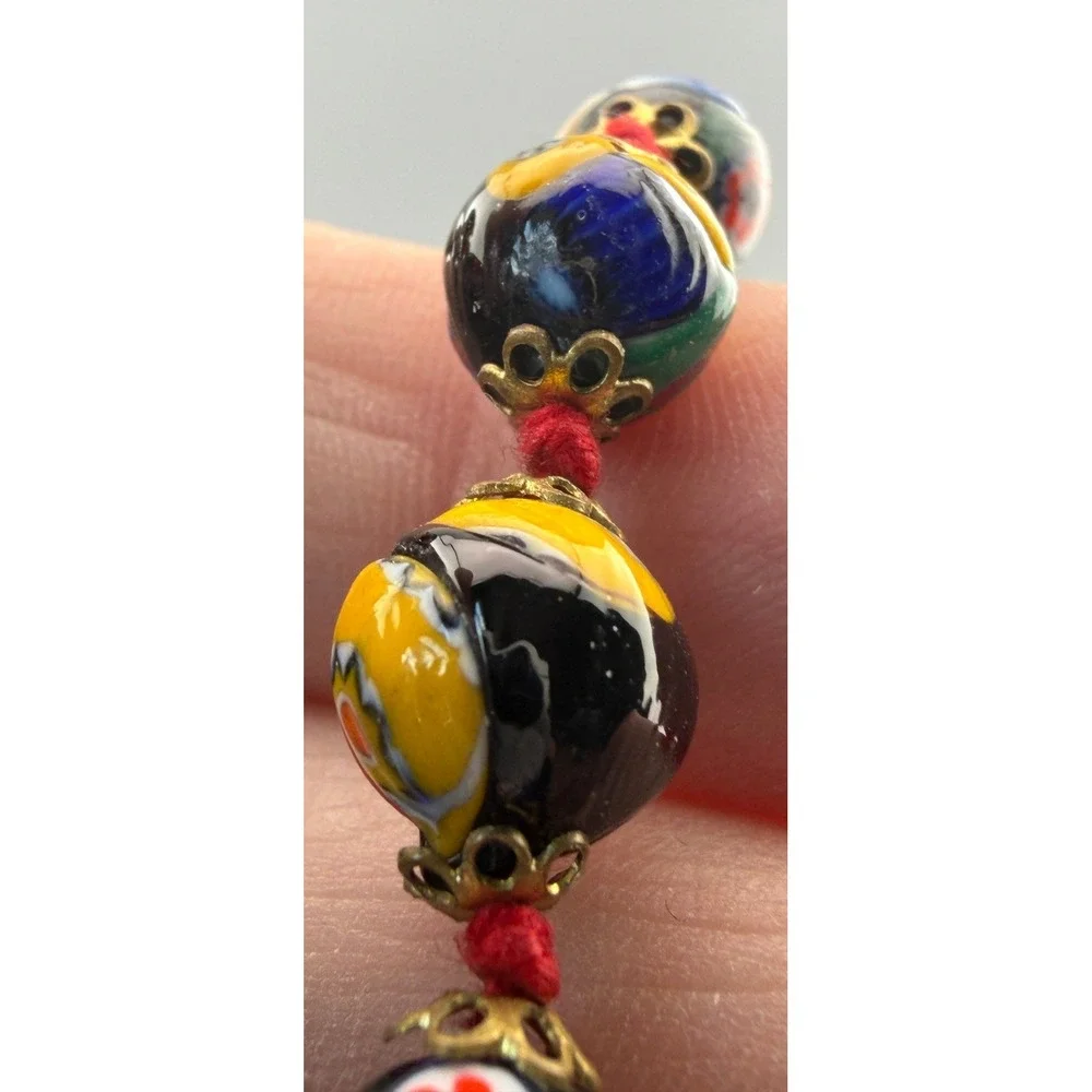 Vintage Venetian Millefiori Necklace Glass Beads Hand Knotted  Barrel Clasp 17